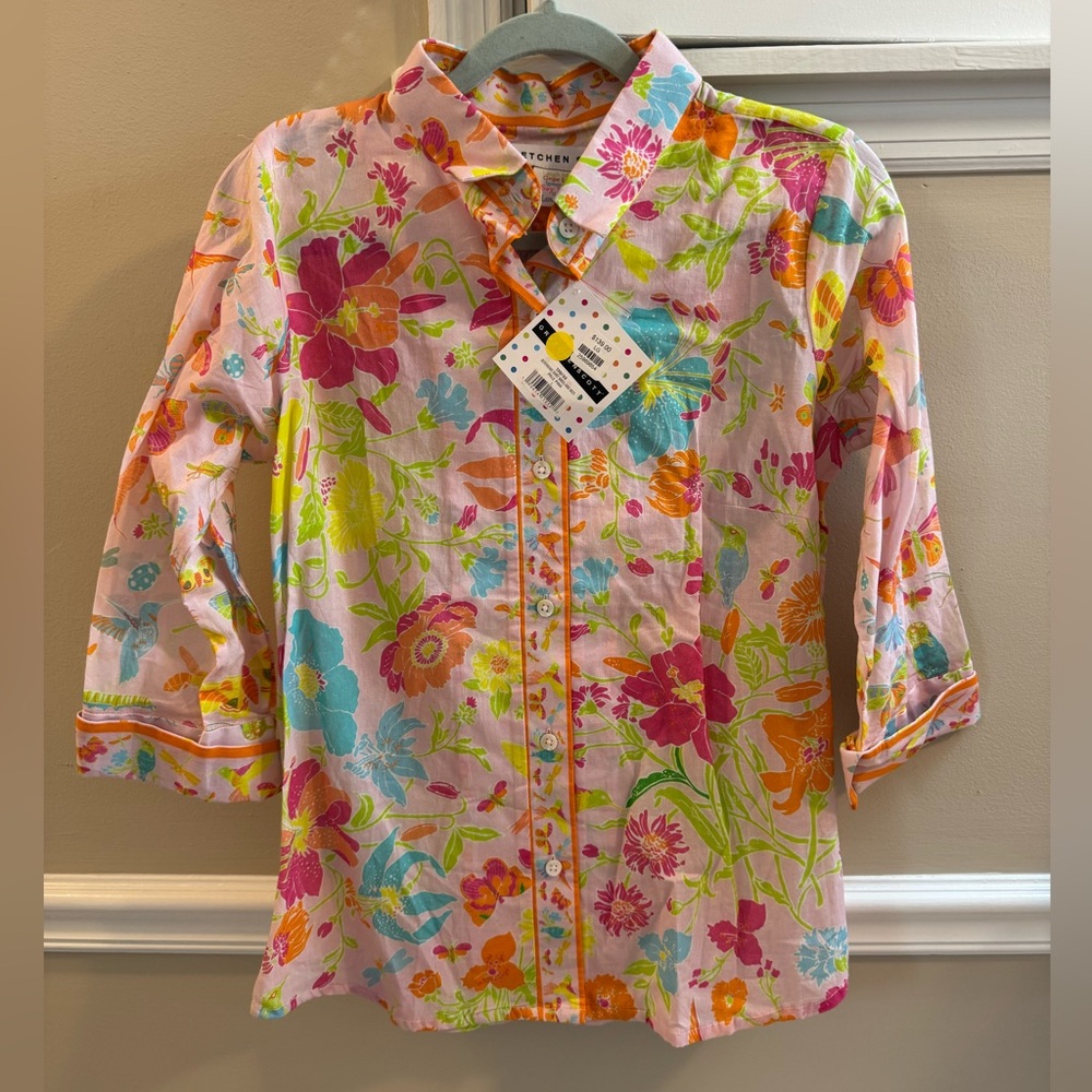 Gretchen Scott Floral Butterfly Pattern Button Down Blouse Top